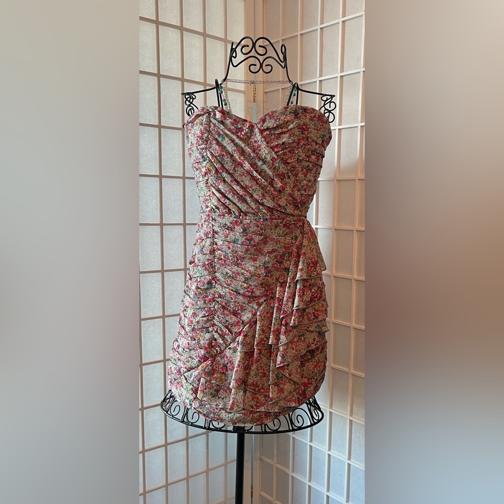 BCBG Strapless Floral Chiffon Pleated Mini Dress